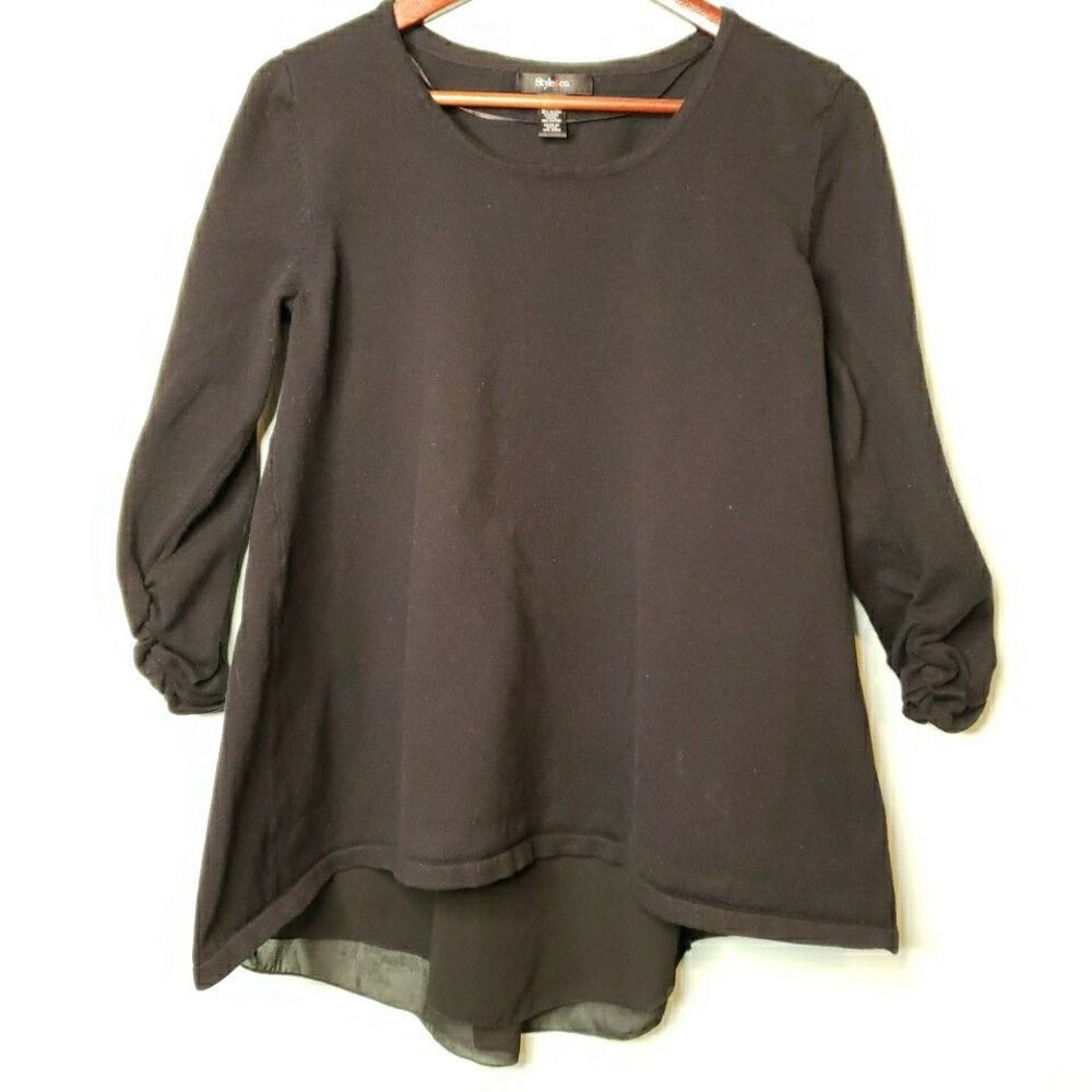 STYLE & CO Women Tunic Sweater Chiffon Back High Low Hem Ruched 3/4 Sleeve Sz XL